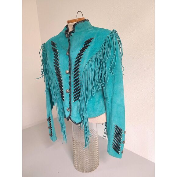 Vtg Cripple Creek Western Boho Fringe Leather Jacket MEDIUM Cowgirl Rodeo Blue M - Picture 6 of 9